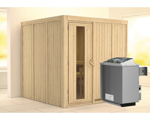 Elementsauna Karibu Rodina inkl. 9 kW Ofen u.integr.Steuerung ohne Dachkranz mit Holztür und Isolierglas wärmegedämmt