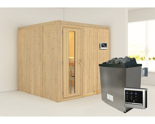 Sauna modulaire Karibu Rondina avec poêle 9 kW et commande extérieure, sans frise de toit, porte en bois avec verre isolé thermiquement