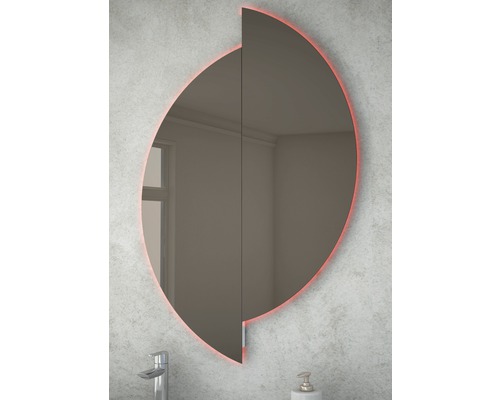 Armoire de toilette ovale avec éclairage dans la salle de bain.