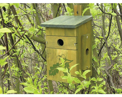 Vogelhaus aus Holz mit Eichenblattmuster im Garten