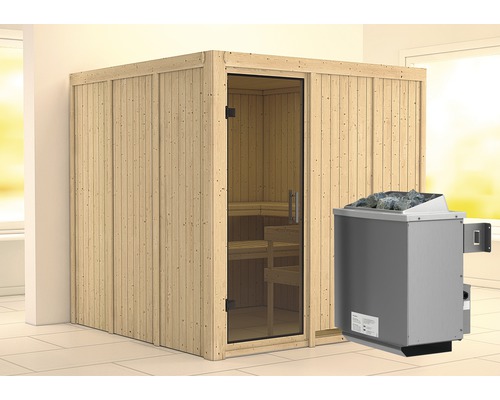 Elementsauna Karibu Rodina inkl. 9 kW Ofen u.integr.Steuerung ohne Dachkranz mit graphitfarbiger Ganzglastür