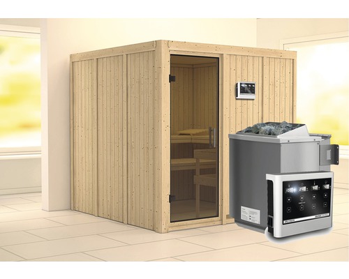 Sauna modulaire Karibu Rondina avec poêle Bio 9 kW et commande extérieure, sans frise de toit, avec porte vitrée coloris graphite