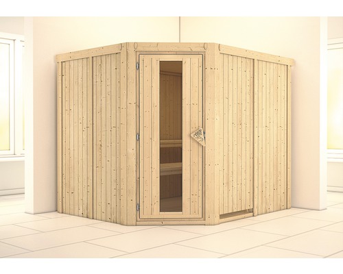 Elementsauna Karibu Malina ohne Ofen und Dachkranz mit Holztür und Isolierglas wärmegedämmt