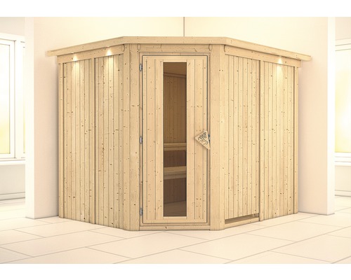 Sauna modulaire Karibu Malina sans poêle avec couronne et porte en bois avec verre isolant thermiquement