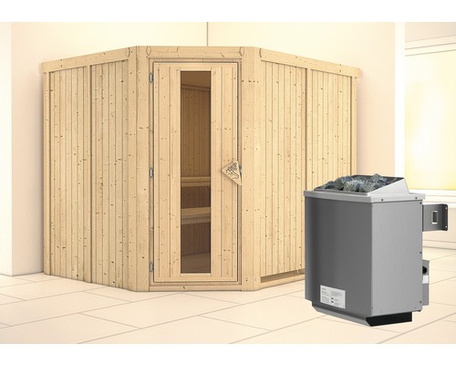 Sauna modulaire Karibu Malina avec poêle 9 kW et commande intégrée, sans frise de toit, porte en bois avec verre isolé thermiquement