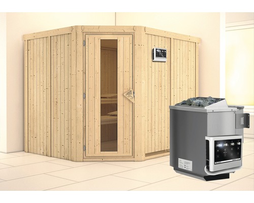 Sauna modulaire Karibu Malina avec poêle Bio 9 kW et commande extérieure, sans frise de toit, porte en bois avec verre isolé thermiquement