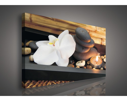 Leinwandbild mit Orchidee, Steinen und Kerze
