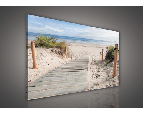Leinwandbild mit Strandmotiv, Holzsteg und Meerblick