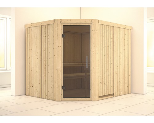 Sauna modulaire Karibu Malina sans poêle ni frise de toit, avec porte vitrée coloris graphite