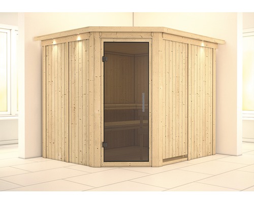 Sauna modulaire Karibu Malina sans poêle, avec frise de toit et porte vitrée coloris graphite