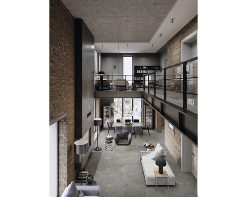 Grosszügiger Wohnraum mit Ziegelwand, Essbereich und Galerie