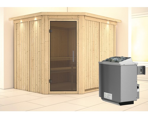 Sauna modulaire Karibu Malina avec poêle 9 kW et commande intégrée, avec frise de toit et porte entièrement vitrée coloris graphite
