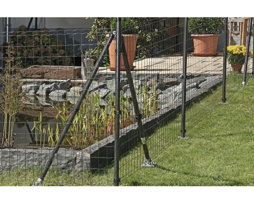 Drahtzaun im Garten mit Teich und Pflanzen