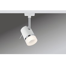 Weisse Stromschienenleuchte mit LED-Leuchtmittel an Schiene