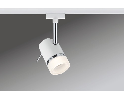 Weisse Stromschienenleuchte mit LED-Leuchtmittel an Schiene
