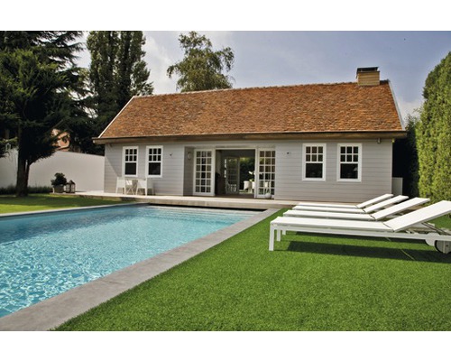 Pool house avec piscine, pelouse et chaises longues