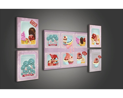 Wanddekoration mit mehrteiligem Leinwandbild mit Süssigkeitenmotiven