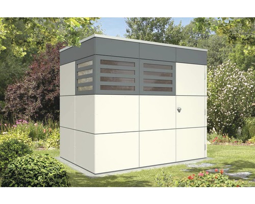 Abri de jardin SKAN HOLZ CrossCube Sydney 2 253x169 cm, télégris-gris ardoise Armoire de jardin avec porte et fenêtres dans le jardin
