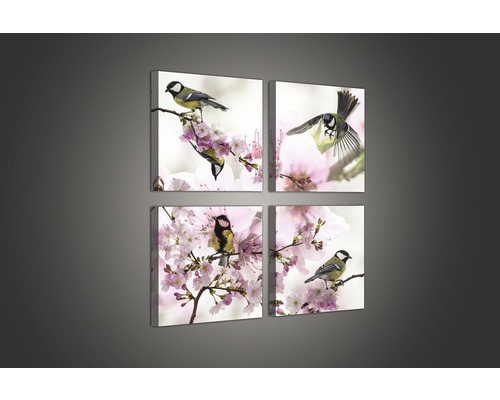 Vierteiliges Wandbild mit Meisen auf blühenden Zweigen