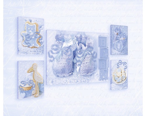 Dekorative Babybilder mit Motiven wie Babyschuhen und Teddybären