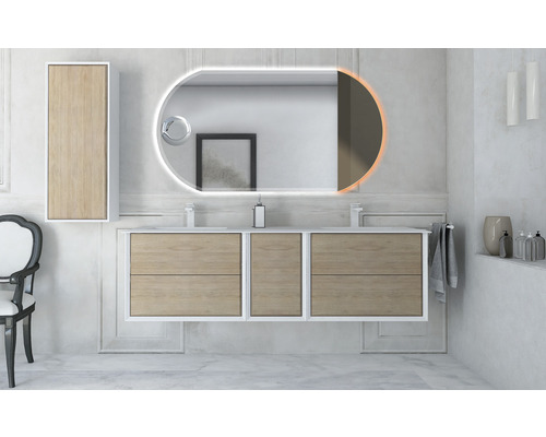 Salle de bain avec meuble sous-lavabo, armoire de toilette et miroir lumineux