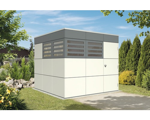 Abri de jardin en métal avec fenêtres dans le jardin