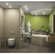 Badezimmer mit Toilette, Waschbecken, Badewanne und grüner Wand