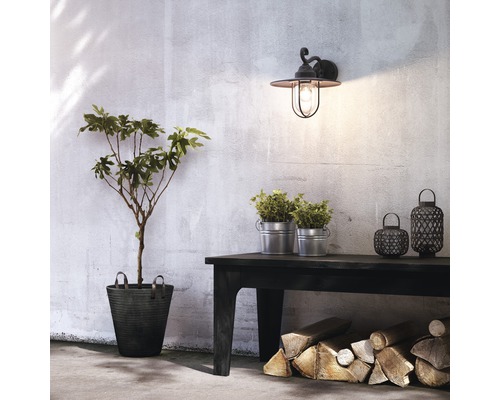 Dekorative Aussenszene mit Wandleuchte, Pflanze, Bank und Holzstapel für Garten oder Terrasse