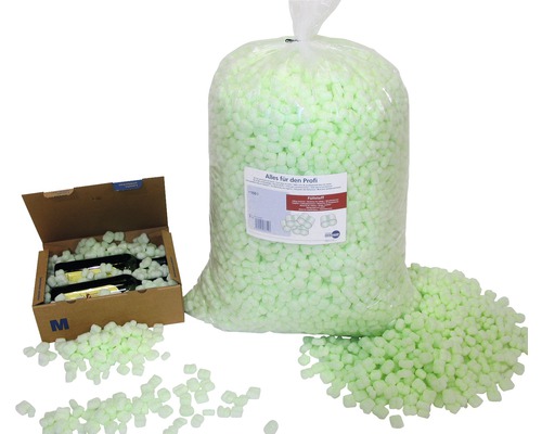 Füllmaterial aus Schaumstoff in einem Beutel und einer offenen Kiste