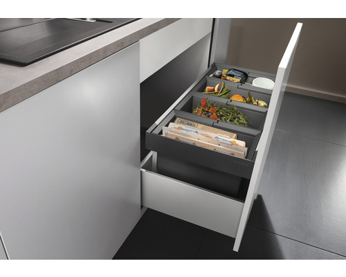 Meuble bas de cuisine avec système de tri des déchets et tiroir coulissant