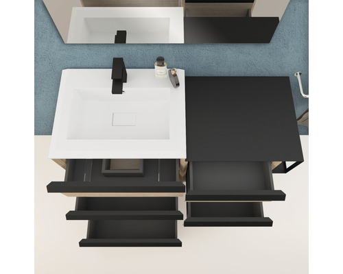 Waschtisch mit offenem Schubladensystem in Schwarz und Weiß von oben
