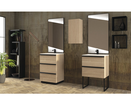 Helles Badezimmer mit Waschtischen, Spiegeln, Aufbewahrungsschrank und Dekoration