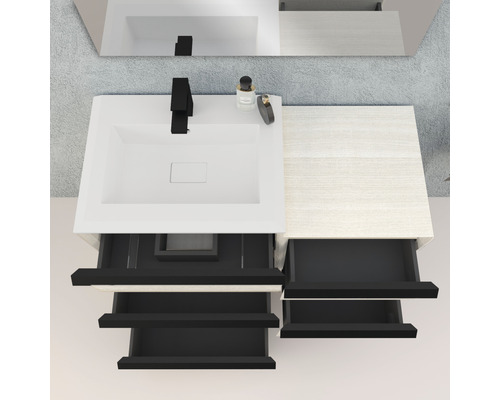 Meuble de salle de bains avec lavabo, robinet, miroir et tiroirs