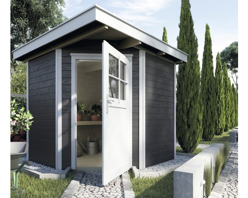 Abri d'angle en madriers weka 229 avec plancher 244 x 244 cm anthracite-blanc Abri de jardin en bois avec porte et fenêtres ouvertes
