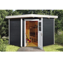 Abri de jardin avec porte ouverte, tondeuse à gazon et étagère