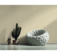 Scène avec papier peint beige clair, fauteuil, cactus et figurine décorative pour la pièce
