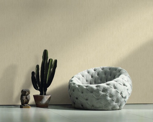 Scène avec papier peint beige clair, fauteuil, cactus et figurine décorative pour la pièce