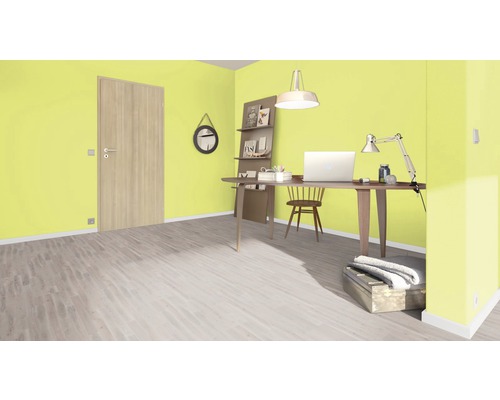 Helles Arbeitszimmer mit Holztür, Schreibtisch, Stuhl, Regal und Dekoration