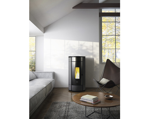 Salon avec poêle à granulés, canapé, fauteuil et table