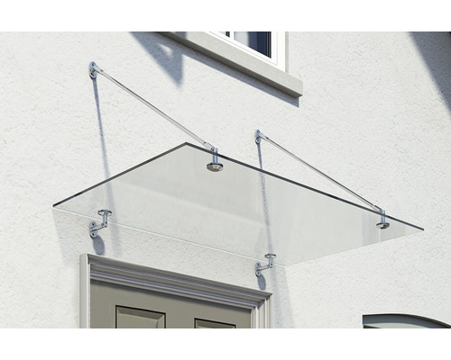Glasvordach mit Edelstahlhalterung über einer Haustür