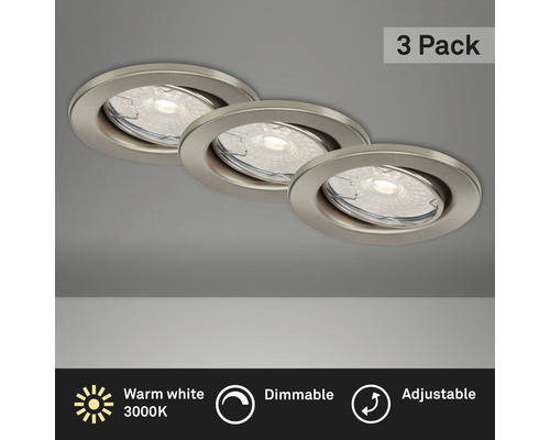 Éclairage à LED à encastrer lot de 3 nickel/mat variable avec ampoule 3x380 lm 2 700 K blanc chaud Ø 68 mm rond métal IP23