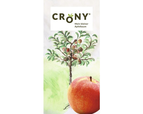 Logo Cröny avec dessin de pommier et pomme au premier plan