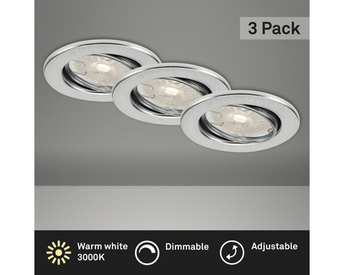 Éclairage à LED à encastrer lot de 3 alu variable avec ampoule 3x380 lm 2 700 K blanc chaud Ø 68 mm rond métal IP23