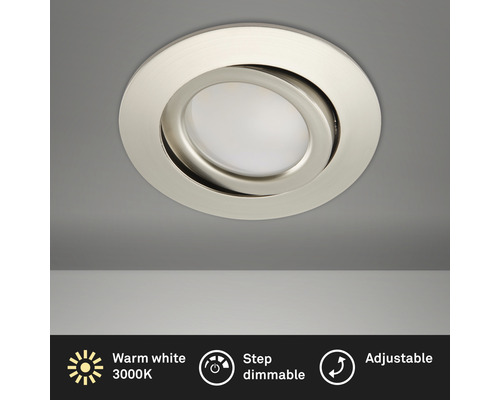 Éclairage à LED à encastrer nickel/mat variable avec ampoule 400 lm 3 000 K blanc chaud Ø 68 mm rond plastique IP23