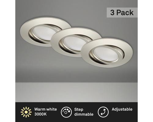 Éclairage à LED à encastrer lot de 3 nickel/mat variable avec ampoule 3x400 lm 3 000 K blanc chaud Ø 68 mm rond plastique IP23 Éclairage à LED à encastrer lot de 3 nickel/mat variable avec ampoule 3x400 lm 3 000 K blanc chaud Ø 68 mm rond plastique IP23