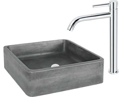 Aufsatzwaschbecken aus Beton mit hohem Wasserhahn
