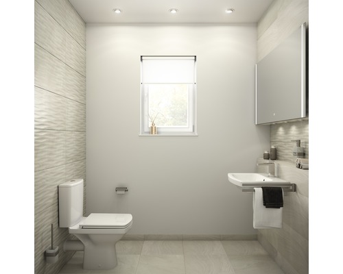 Helles Badezimmer mit Toilette, Waschbecken, Spiegelschrank und Fenster