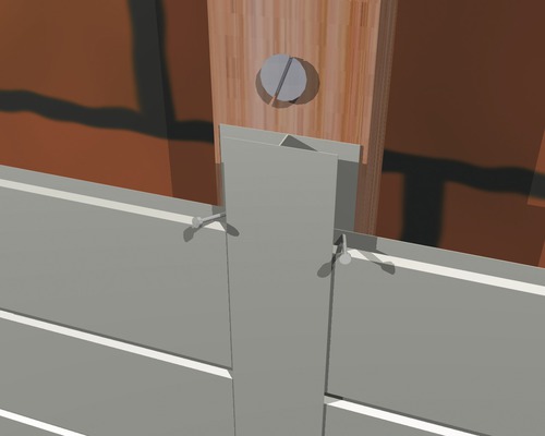 Vue détaillée d''un bardage de façade en aluminium avec des vis sur une structure en bois.