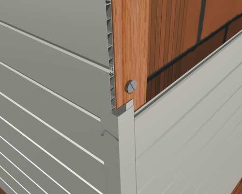 Detailansicht einer Fassadenverkleidung mit Holzunterkonstruktion und Schraube