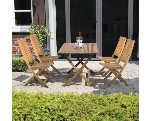 Gartensitzgruppe mit Klapptisch und vier Klappstühlen aus Holz